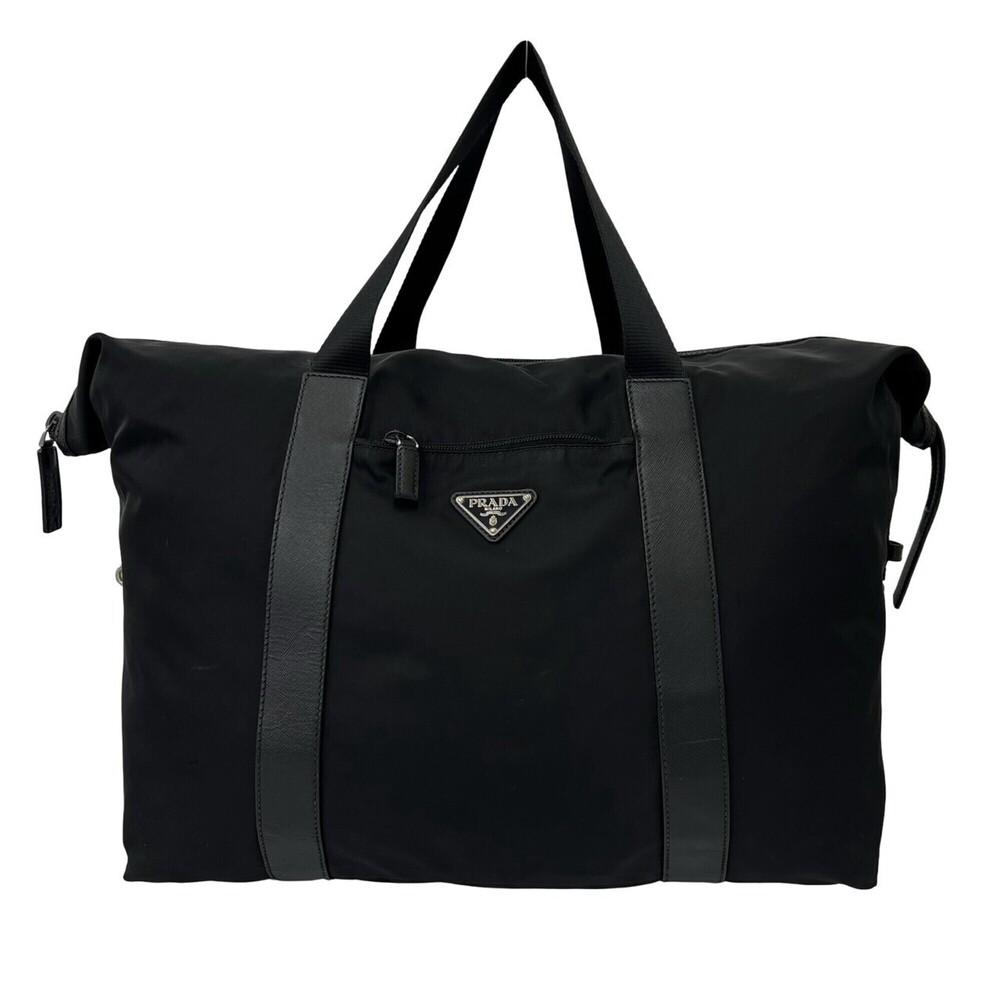 PRADA Triangle Logo Hardware Tessuto Pocono Nylon Saffiano Leather Boston Bag...